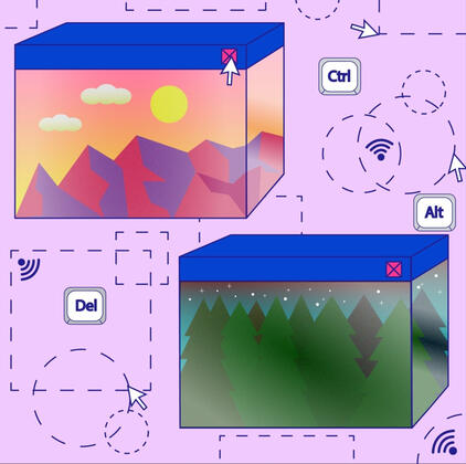 Pop art of 3D pop up windows with scenery in each