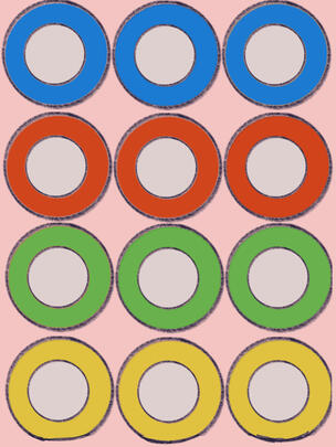 3x4 row of circles being red, blue, green, and yellow with an inner white circle and pink background